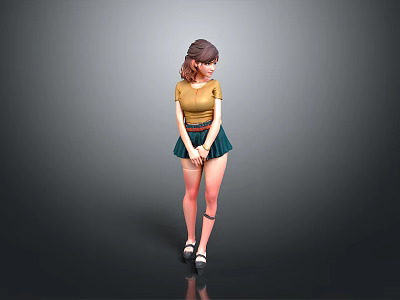 Woman in Yellow Top and Green Skirt with Tattoo Standing Against Gray Background 3d model