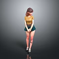 Woman in Yellow Top and Green Skirt with Tattoo Standing Against Gray Background