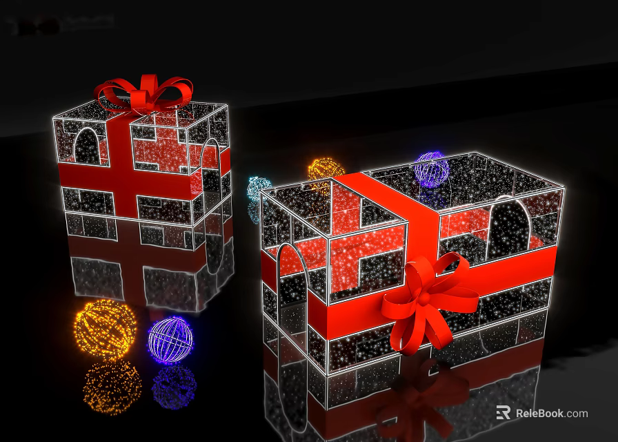 Sparkling Transparent Gift Boxes With Red Bows And Colorful Lighted Decorative Balls 3d model 