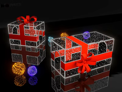Sparkling Transparent Gift Boxes With Red Bows And Colorful Lighted Decorative Balls 3d model