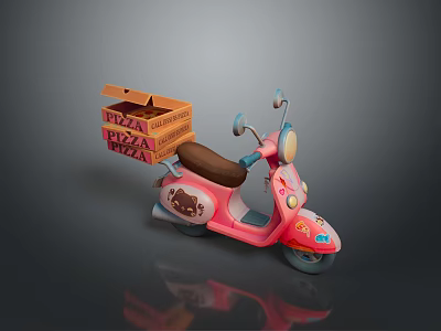 Pink Scooter With Cute Cartoon Patterns Carrying Stacked Pizza Delivery Boxes 3d model