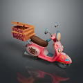 Pink Scooter With Cute Cartoon Patterns Carrying Stacked Pizza Delivery Boxes