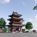Chinese-style ancient building across the street 3d model