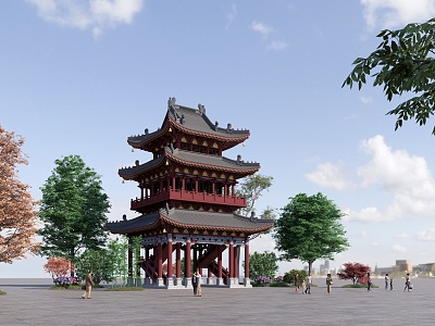 Chinese-style ancient building across the street 3d model