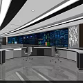 Modern Control Room Featuring Large Screens Data Charts Curved Console Desk and White Chairs