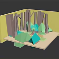 Vibrant Low Poly Cartoon Jungle Scene with Brown Trees Green Plants and Sandy Ground