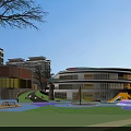 Modern School Building with Bright Windows Outdoor Playground Slide Sandpit and Green Lawn