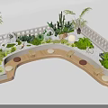 Garden Courtyard With Wooden Curved Path Round Stone Slabs Green Plants Cacti And White Fence