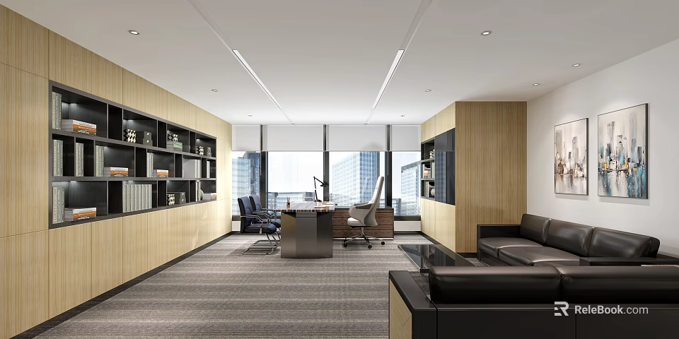 Modern Office Interior Design With Large Windows Bookshelves Office Desk And Leather Sofa 3d model 