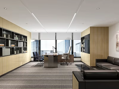 Modern Office Interior Design With Large Windows Bookshelves Office Desk And Leather Sofa 3d model