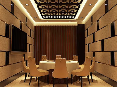 Elegant Modern Private Dining Room Interior With Round Table Chairs TV And Decorative Walls 3d model
