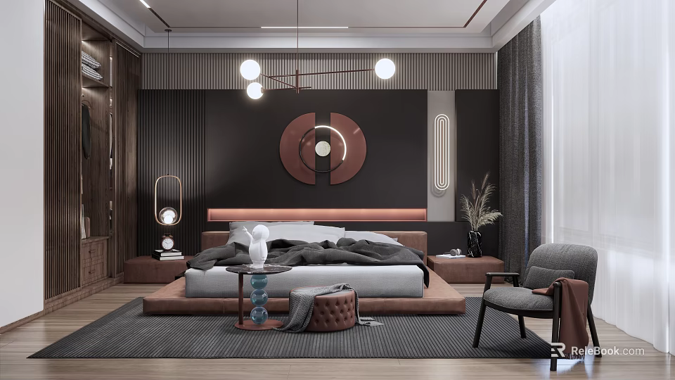 Modern Bedroom Interior With Wooden Headboard Circular Wall Art Chandelier Rug And Accent Chair 3d model 