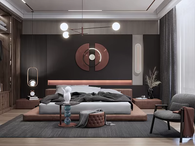 Modern Bedroom Interior With Wooden Headboard Circular Wall Art Chandelier Rug And Accent Chair 3d model