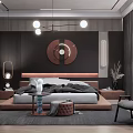 Modern Bedroom Interior With Wooden Headboard Circular Wall Art Chandelier Rug And Accent Chair