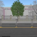 Municipal Road With Metal Fence Yellow Bases And Streetlights Along Trees