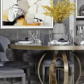 Elegant Dining Table Set With Gray Chairs Golden Base Chandelier And Yellow Flowers