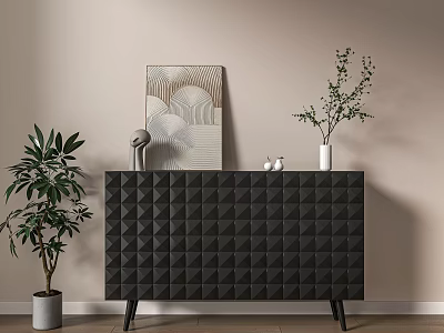 Modern Black Entryway Console Table With Diamond Pattern Surface Abstract Painting And Green Plants 3d model