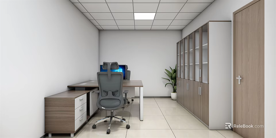 Modern Office Interior Design With Desk Office Chair Computer Cabinet And Plant 3d model 
