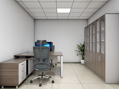 Modern Office Interior Design With Desk Office Chair Computer Cabinet And Plant 3d model