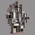 Modern Geometric Bookshelf With Different Size Open Compartments And Stacked Books