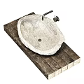Natural Stone Wash Basin on Rustic Wooden Countertop with Metal Faucet