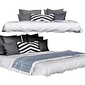 Double Bed With Multiple Black Gray Pillows Striped Accent And Gray Blanket 3d model