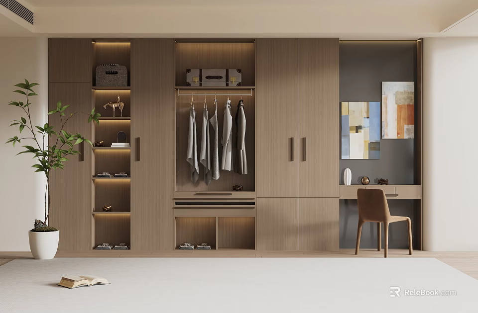Modern Light Wood Built In Wardrobe With Hanging Clothes Shelves And Decorative Paintings 3d model 