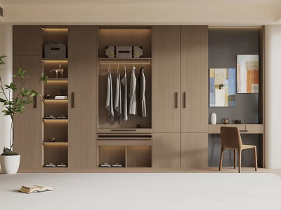 Modern Light Wood Built In Wardrobe With Hanging Clothes Shelves And Decorative Paintings 3d model