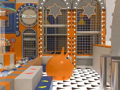 Orange Indoor Play Equipment Featuring Welcome Sign Star Decorations Steps And Bright Lighting 3d model
