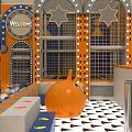Orange Indoor Play Equipment Featuring Welcome Sign Star Decorations Steps And Bright Lighting