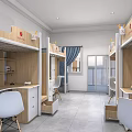Modern School Dormitory Interior With Bunk Beds Study Desks And Storage Cabinets 3d model