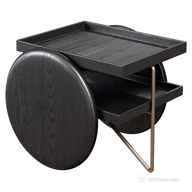 Black Wooden Side Table With Round Base Metal Frame And Tray Top Storage 3d model 