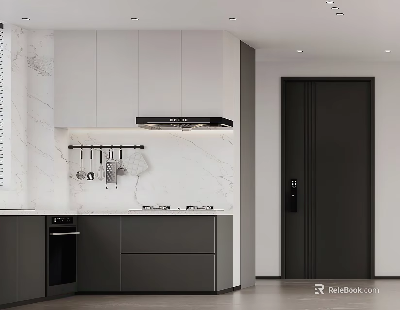 Modern Kitchen Interior Design With White Gray Cabinets Marble Countertop Range Hood And Hanging Utensils 3d model 