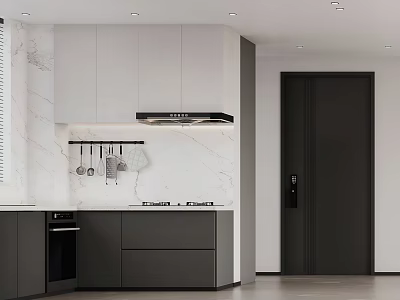 Modern Kitchen Interior Design With White Gray Cabinets Marble Countertop Range Hood And Hanging Utensils 3d model