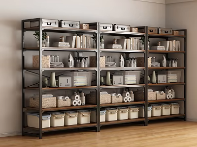 Storage Shelving Unit with Storage Boxes Books Baskets and Decorative Items in Modern Room 3d model