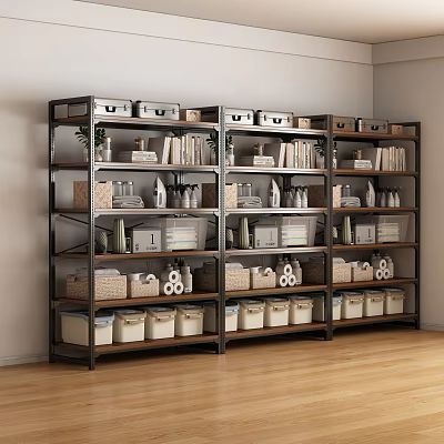 Storage Shelving Unit with Storage Boxes Books Baskets and Decorative Items in Modern Room 3d model