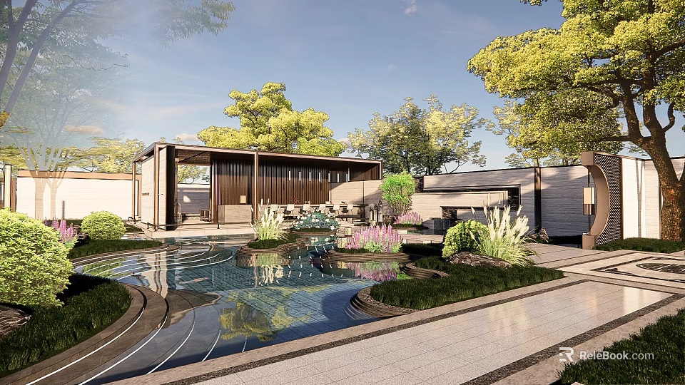 Tranquil Garden Landscape With Reflective Pond Lush Trees Lawn And Pavilion Pathway 3d model 