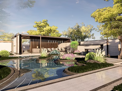 Tranquil Garden Landscape With Reflective Pond Lush Trees Lawn And Pavilion Pathway 3d model