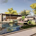 Tranquil Garden Landscape With Reflective Pond Lush Trees Lawn And Pavilion Pathway