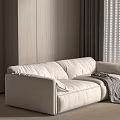 Light Colored Two Seater Sofa with Soft Cushions Gray Throw Blanket and Modern Wooden Wall