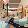 Modern Vibrant Indoor Playground With Colorful Arches Green Plants And Seating Benches