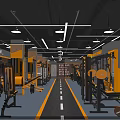 Modern Gym Interior Featuring Yellow Black Fitness Equipment Central Track Ceiling Lights And Mirror Walls