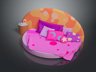 Cheerful Round Bed Kids Room With Pink Heart Polka Dot Bedspread Purple Moon Star Pillows 3d model