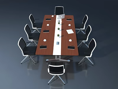 Wooden Conference Table With White Center Stripe Eight Chairs And Laptop Phone Water Cups Setup 3d model