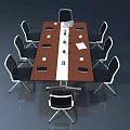 Wooden Conference Table With White Center Stripe Eight Chairs And Laptop Phone Water Cups Setup