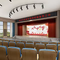 School’s Modern Auditorium With Blue Seats And Stage