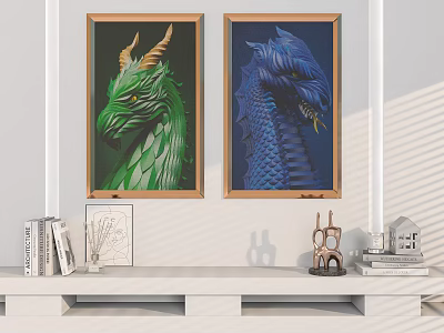 Green and Blue Dragon Wall Art Hanging on White Wall with Books and Decorative Items 3d model