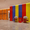 Modern Clothing Store Interior With Orange Walls Golden Racks Ceiling Lights And Marble Flooring