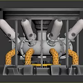 Industrial Mechanical Device With Silver Components Orange Pipes And Purple Core