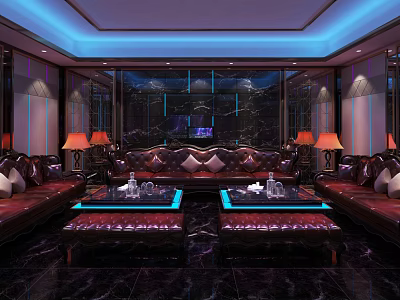 Luxurious KTV Lounge Interior With Leather Sofas Blue Lighting And Marble Walls 3d model
